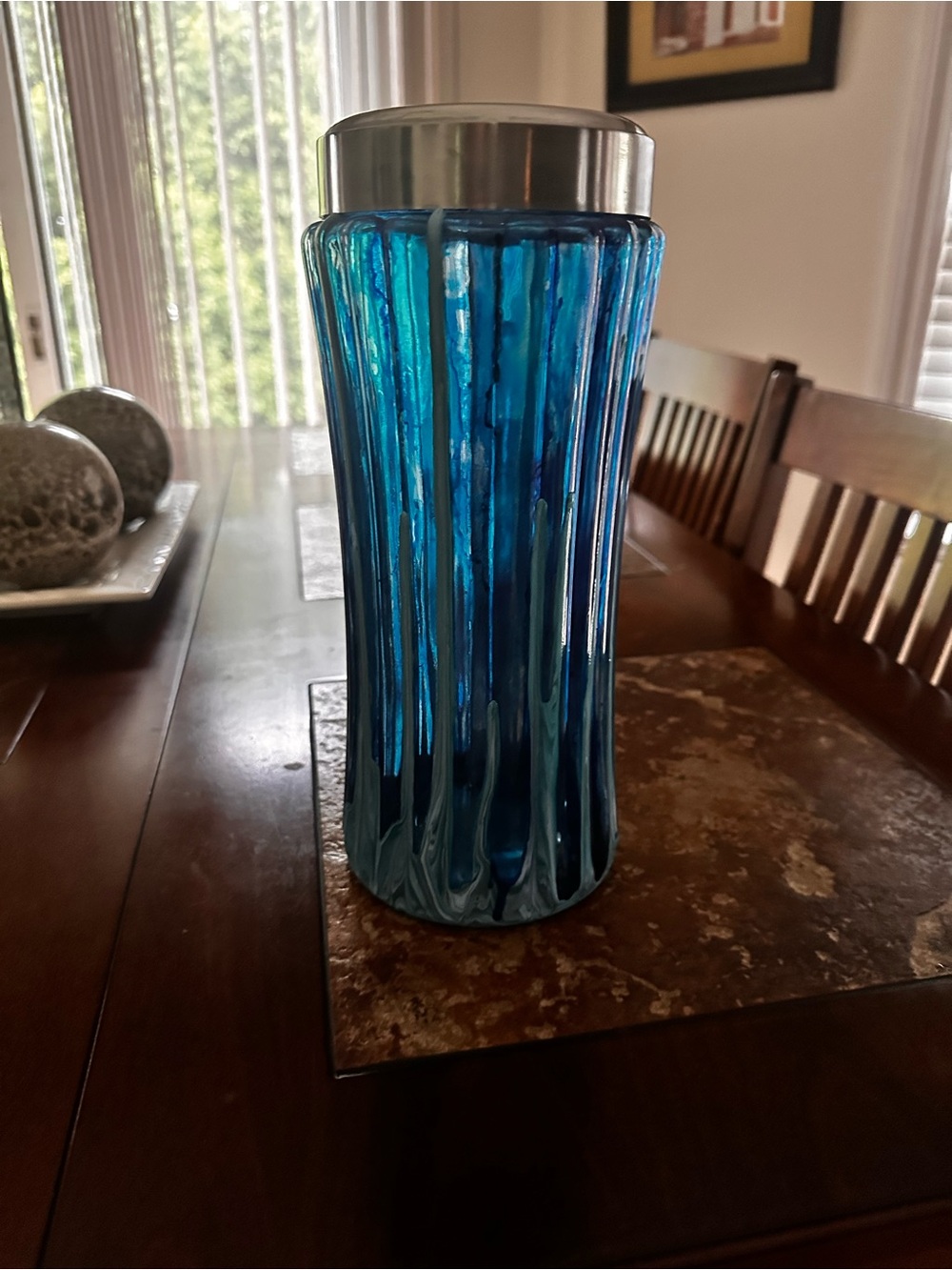 Hand crafted Blue abstract Glass Decorative Vase with Silver lid